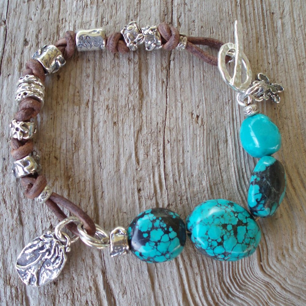 Handmade Be Strong bracelet real silver, turquoise, leather Sundance style